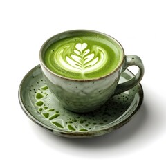 Canvas Print - Vibrant Matcha Latte with Green Foam Art in Unique Ceramic Cup on White Background