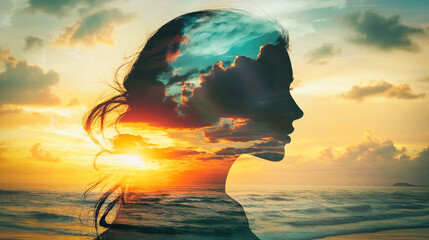 Wall Mural - A double exposure merging the graceful silhouette of a young woman with a serene sunset coast