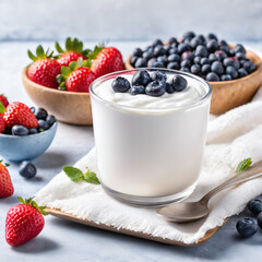 high-protein Greek yogurt with a cup of fresh Strawberries and blueberries