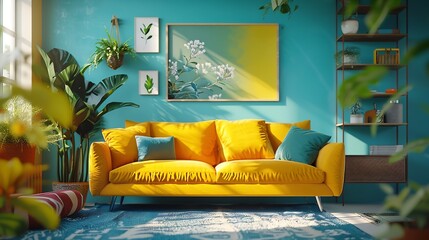 Modern and colorful interior of living room with design boucle sofa mock up poster shelf plants decorations and personal stuff Home decor : Generative AI