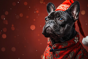 Poster - A black dog wearing a red and gold outfit and a santa hat