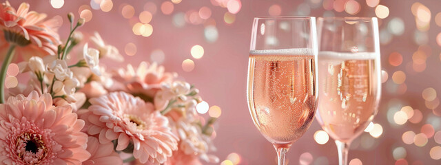 two champagne glasses with a bouquet of pink gerberas on a pink background. Congratulations on anniversary, Valentine's Day, Christmas.