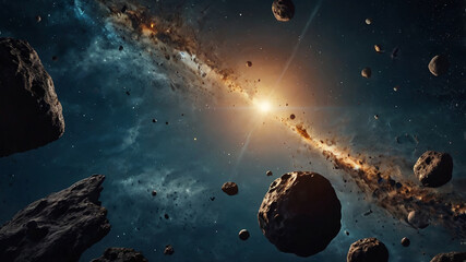 cinematographic take of celestial space and asteroids flying