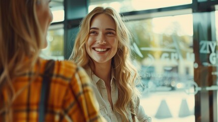 successful partnership, two smiling friendly female employees shaking hands in a modern office, one person in the front blurred over the shoulder perspective, office situation, bright, large windows.