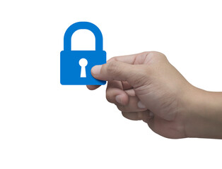 Poster - Hand holding padlock flat icon in fingers isolated on white background, Technology internet security and safety online concept