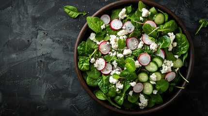 Wall Mural - Spinach and cottage cheese fresh green vegetable salad with radish cucumber and yogurt healthy diet food top view : Generative AI