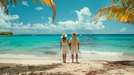 Rear view of a holiday couple standing at a paradise beach and looking at the turquoise waters of the Caribbean Sea : Generative AI