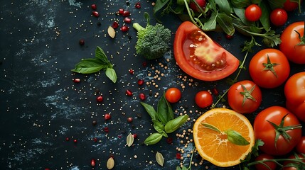 Wall Mural - Fresh vegetables fruits and seeds on black table flat lay : Generative AI