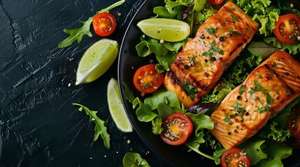 Poster - Grilled salmon fish fillet and fresh green lettuce vegetable tomato salad with avocado guacamole Top view : Generative AI