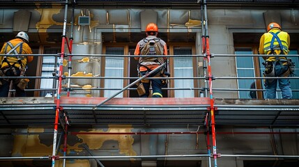 Poster - construction workers with safety equipment assembling scaffolding for maintenance of building facade on city street : Generative AI