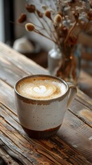 Sticker - Frothy Hazelnut Latte with Foam in Unique Ceramic Cup on Rustic Wooden Table