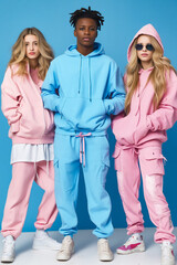 A group of three young people in pink and blue hoodies and sweatpants