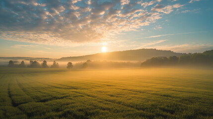 Wall Mural - A field of grass with a sun in the sky