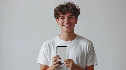 Poster - Handsome young man holding a smartphone mockup with a blank screen and smiling on a white background Celebrating success Gadget with empty space for mockup banner app : Generative AI