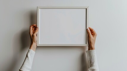 Poster - Cropped vertical view of woman hands hanging beige picture frame with copy space Female hold blank poster against white wall Art placard in room Concept of home decor : Generative AI