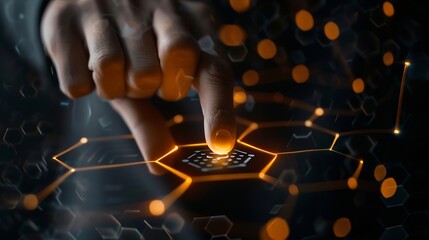 Fototapete - Businessman touching and pressing hexagon honey screen display hologram button interface by finger on dark black background Internet and Virtual Reality concept Business and technology : Generative AI