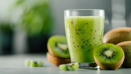 Wall Mural - Fresh Kiwi Smoothie in Clear Glass With Slices and Leaves on Wooden Table