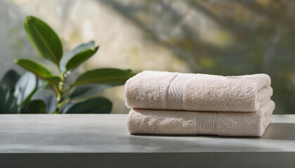 Luxurious folded bath towel on cement table. Clean and soft material. Bathroom aesthetic.