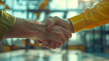 Aufkleber - Construction team shake hands greeting start new project plan behind yellow helmet on desk in office center to consults about their building project in sun light : Generative AI