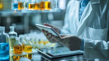 Aufkleber - tablet scientist and happy for analysis in laboratory healthcare and reading of online pharmaceutica