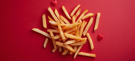 Sticker - Crispy Golden French Fries on Red Background