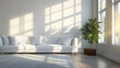 © Izzain - A white couch sits in a bright living room with hardwood floors. The couch is facing a large window with natural sunlight streaming through. A potted plant stands in the corner of the room, adding a t
