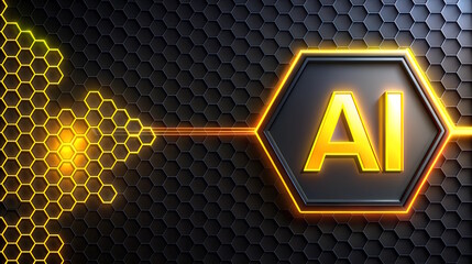 Yellow AI text glowing on futuristic  hexagon background, digital artificial intelligence banner. 