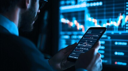 Fototapete - A man is holding a cell phone in front of a computer monitor displaying financial data. The man is focused on the screen, possibly analyzing the information.Generative ai illustration.