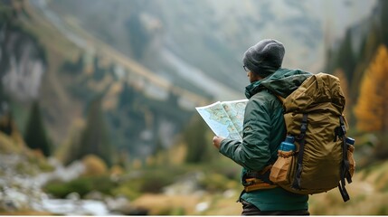 Poster - Hiker with Map Exploring Scenic Mountain Landscape on Hiking Adventure