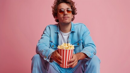 Full size photo of nice young guy hold raise popcorn watch movie sit floor wear trendy blue outfit isolated on pink color background : Generative AI