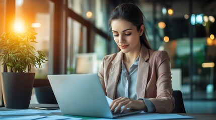 Poster - A woman is sitting at a desk with a laptop in front of her. She is wearing a business suit and she is working on her computer.Generative ai illustration.