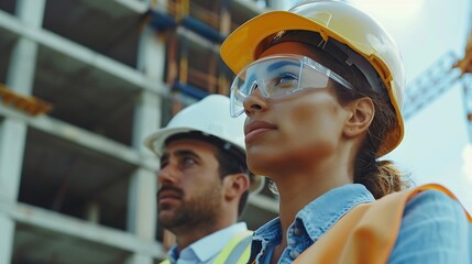 Poster - Engineer and female foreman worker team checking project at precast factory site Engineer and builders in hardhats discussing on construction site : Generative AI