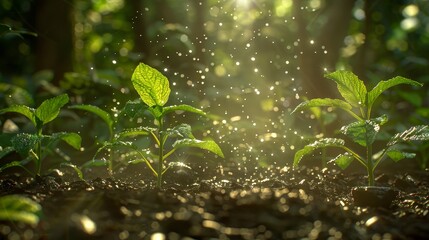 Sunbeams illuminating a forest floor with young green plants and