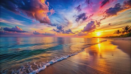 Wall Mural - tranquil beach scene with calm waters and colorful sunset hues , peaceful, serene, tranquil, haven, 