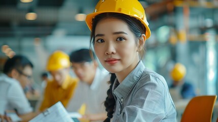 Poster - Diverse engineer team working at the office table with construction plans and architect equipment and planning construction project Focus on an asian vietnamese woman team leader holdi : Generative AI