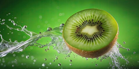 Wall Mural - Water splashing on sliced kiwi with green background, Kiwi, Fruit, Splash, Water, Refreshing, Healthy, Juicy, Fresh, Green, Tropical