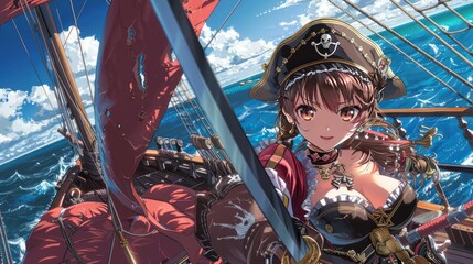 a young woman pirate with brown hair and a sly smile holds two swords on a ship at sea.