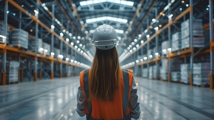 Poster - Industry 40 Modern Warehouse Female Engineer in Empty Warehouse Uses Digital Tablet Computer with Augmented Reality Software for Future Factory or Warehouse Layout Concept Shot of Augm : Generative AI