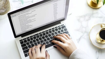 Aufkleber - A woman is typing on a laptop with a cup of coffee next to her. The laptop screen shows a message. The woman is typing a response to the message.Generative ai illustration.