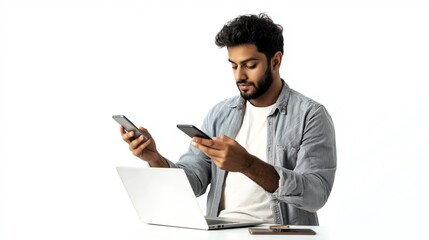 Poster - A man is sitting at a desk with a laptop and two cell phones. He is focused on his cell phones, possibly checking messages or browsing the internet.Generative ai illustration.