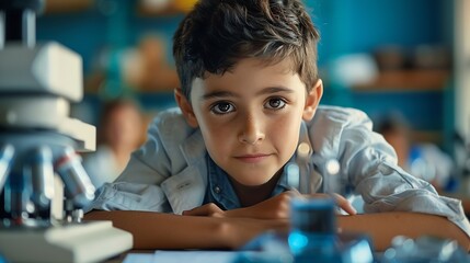 Aufkleber - Composition of boy using microscope in science class with blue blurred copy space to right education and science research concept digitally generated image : Generative AI
