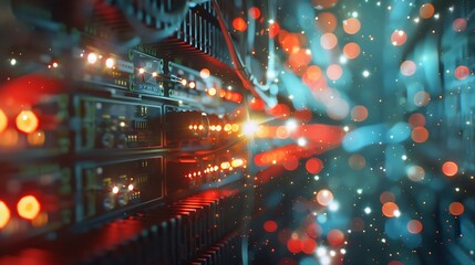 Poster - blur technology data center room defocus fiber optic cable and network router switch in data center room for background and wallpaper : Generative AI