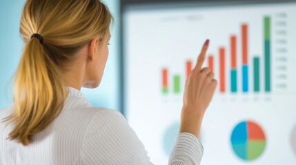 Fototapete - A woman pointing at a graph on a computer screen. The graph shows a series of numbers and bars, and the woman is indicating a specific point on the graph. Generative ai illustration.