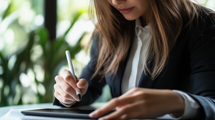 Poster - A woman in a business suit is writing on a tablet with a pen. Concept of professionalism and productivity,is likely working on a project or document.Generative ai illustration