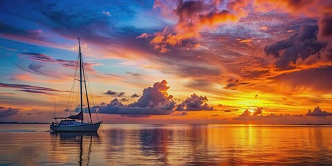 Wall Mural - a beautiful sailboat silhouetted against a colorful sunset sky on the water, sunset, boat, sailboat,