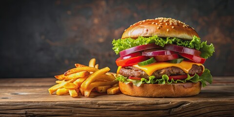 Wall Mural - Juicy burger packed with toppings served with crispy fries on the side, burger, delicious, stuffed, juicy, cheese, lettuce, tomato