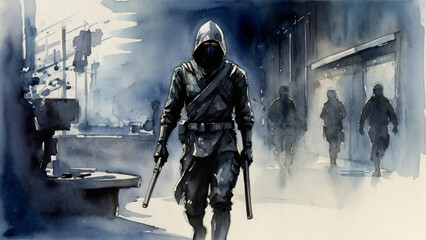 Watercolor Painting: Futuristic ninja stealth mission, cloaked in shadows, high-tech gadgets