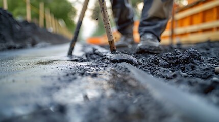 Poster - Man working on smoothing concrete driveway for the new home build at construction site Architecture and exterior structure base progress safety foundation pavement ground Real estate i : Generative AI