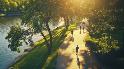 Joggers and walkers enjoying sunny park trail