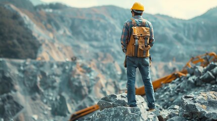 Leinwandbilder - Man construction engineer wears helmet ensure safety when working in construction zone standing on pile rocks looking checking for completeness in case there is error so that it can be : Generative AI